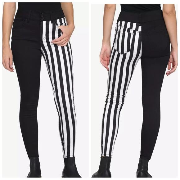 Hot Topic Denim - Hot Topic Black & White Stripe Split Leg Skinny Jeans